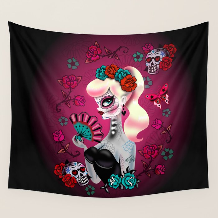 Rockabilly Blonde Sugar Skull Girl Wall Tapestry Gallery Image 4