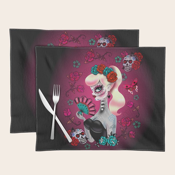 Rockabilly Blonde Sugar Skull Girl Placemat Gallery Image 1