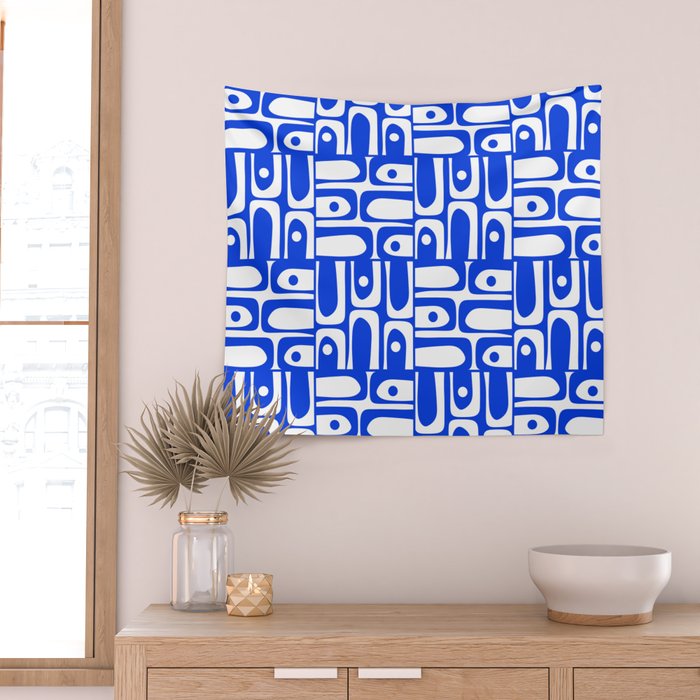 Mid Century Modern Piquet Multi Pattern in Royal Blue and White Wall Tapestry Gallery Image 2
