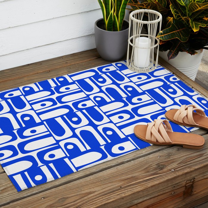 Mid Century Modern Piquet Multi Pattern in Royal Blue and White Outdoor Rug Gallery Image 2