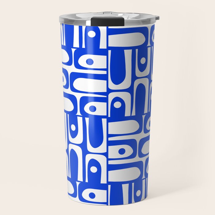 Mid Century Modern Piquet Multi Pattern in Royal Blue and White Travel Mug Gallery Image 1