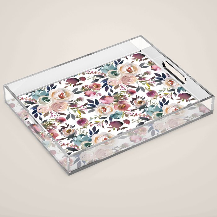 Watercolor Floral Pattern Flowers Acrylic Tray Gallery Image 1