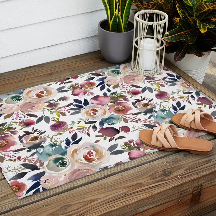 Watercolor Floral Pattern Flowers Outdoor Rug Gallery Image 2