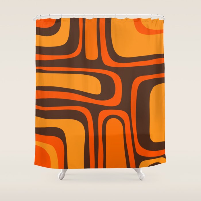 Palm Springs Retro Mid-Century Modern Abstract Pattern in 70s Brown and Orange Shower Curtain Gallery Image 1