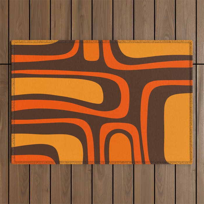 Palm Springs Retro Mid-Century Modern Abstract Pattern in 70s Brown and Orange Outdoor Rug Gallery Image 1