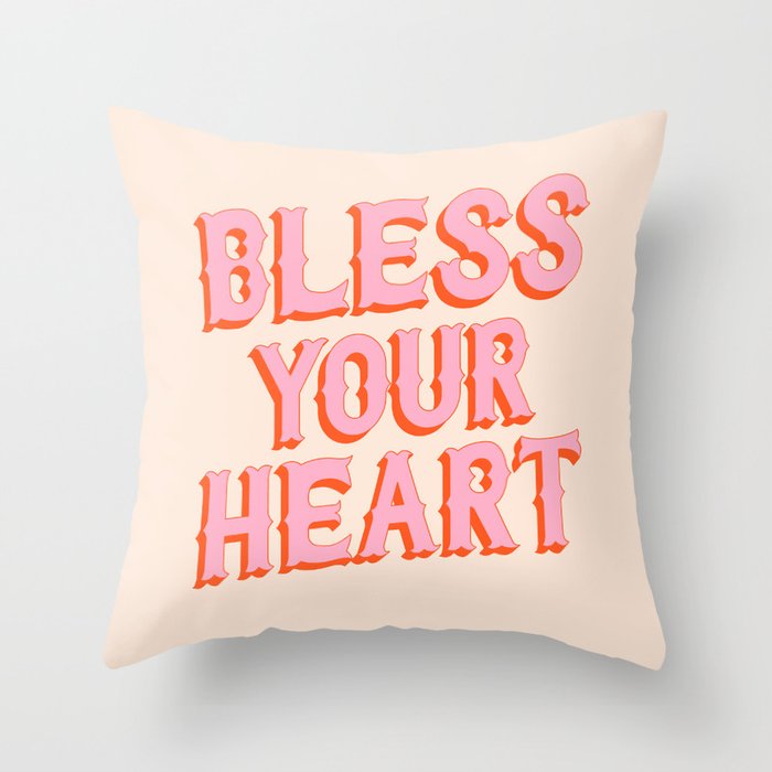 Southern Snark: Bless your heart (bright pink and orange) Throw Pillow Gallery Image 1
