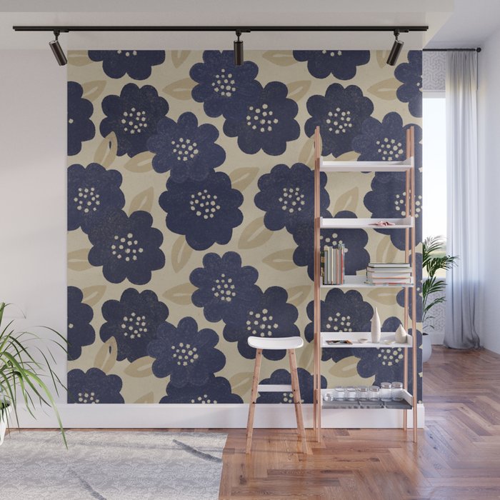 Blue Flower Pattern Wall Mural Gallery Image 1