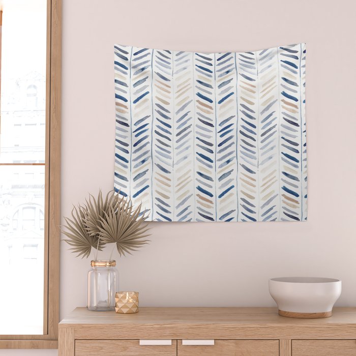 artistic herringbone in indigo and earthy shades Wall Tapestry Gallery Image 2