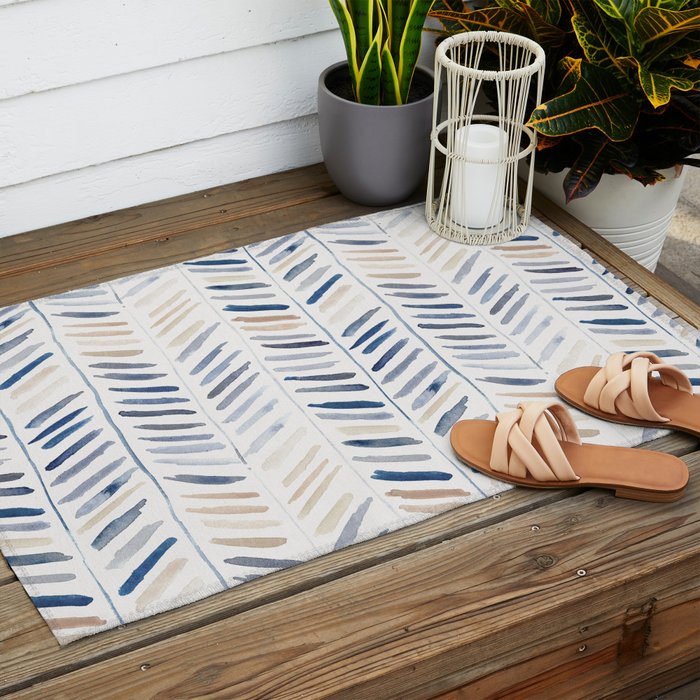 artistic herringbone in indigo and earthy shades Outdoor Rug Gallery Image 2