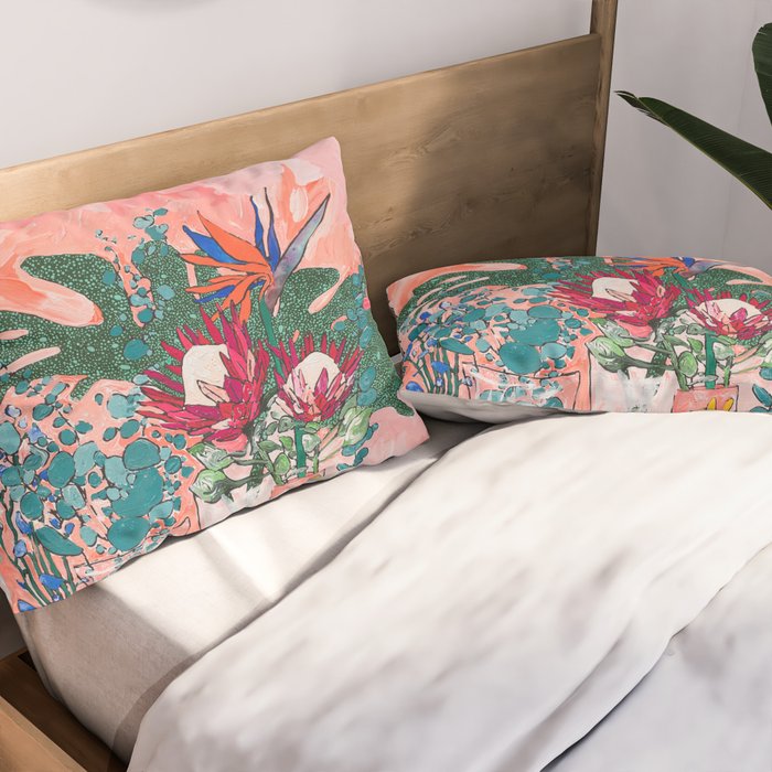 Cockatoo Vase - Bouquet of Flowers on Coral and Jungle Pillow Sham Gallery Image 2