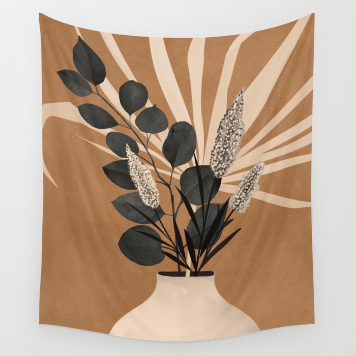 Minimal vase with plant leaves 1 Wall Tapestry Gallery Image 1