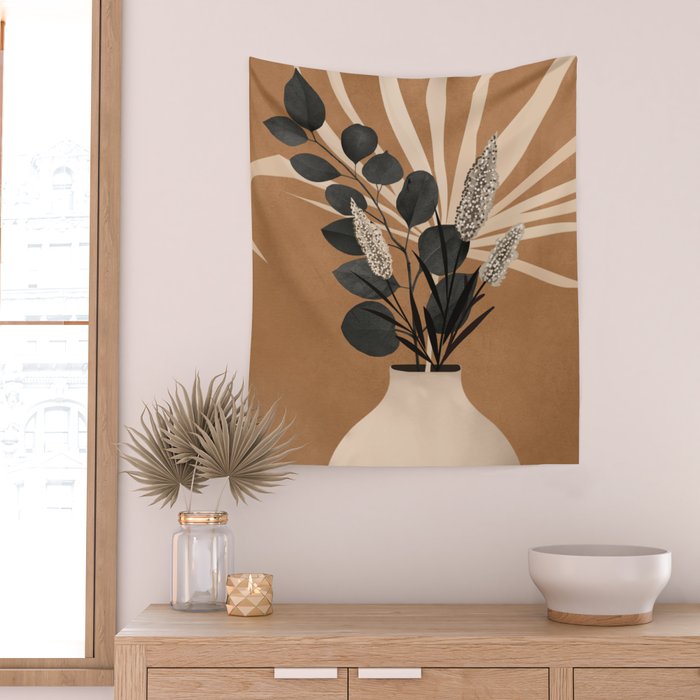 Minimal vase with plant leaves 1 Wall Tapestry Gallery Image 2