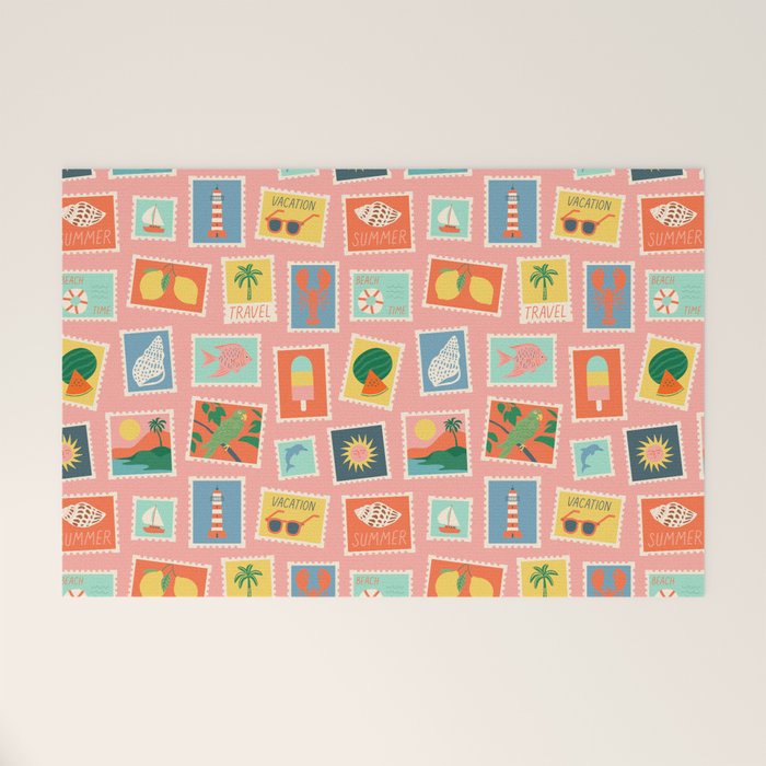Vintage summer post card stamp pattern Welcome Mat Gallery Image 1