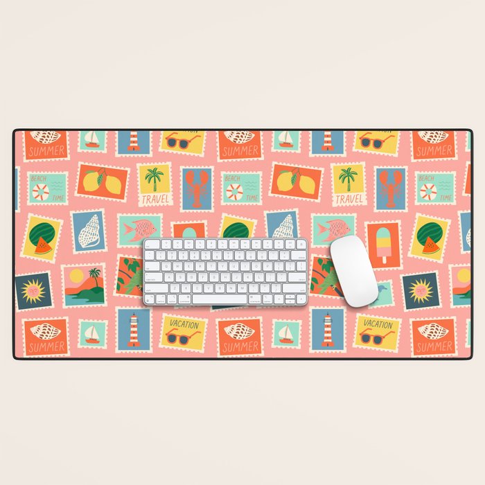 Vintage summer post card stamp pattern Desk Mat Gallery Image 1