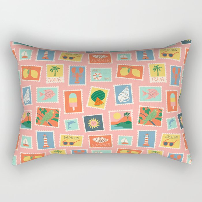 Vintage summer post card stamp pattern Rectangular Pillow Gallery Image 1