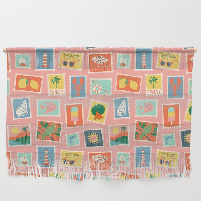 Vintage summer post card stamp pattern Wall Hanging Gallery Image 1
