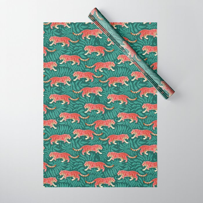 Tigers - pink, red, and jungle green Wrapping Paper Gallery Image 1