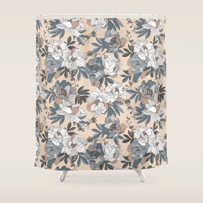 pattern lush blue, beige and white peonies Shower Curtain Gallery Image 1