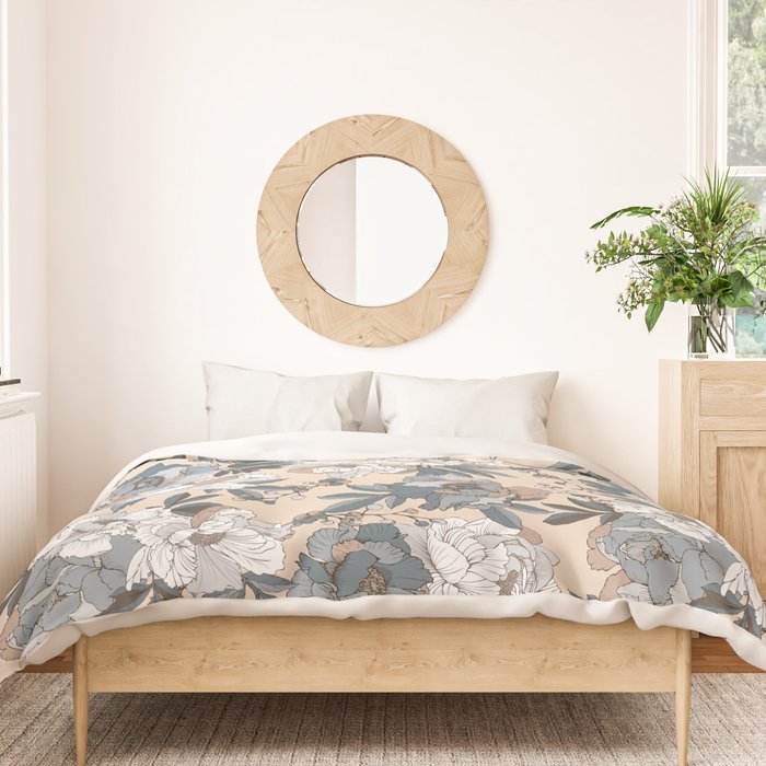 pattern lush blue, beige and white peonies Duvet Cover Gallery Image 3