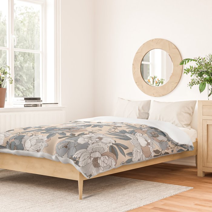 pattern lush blue, beige and white peonies Duvet Cover Gallery Image 2