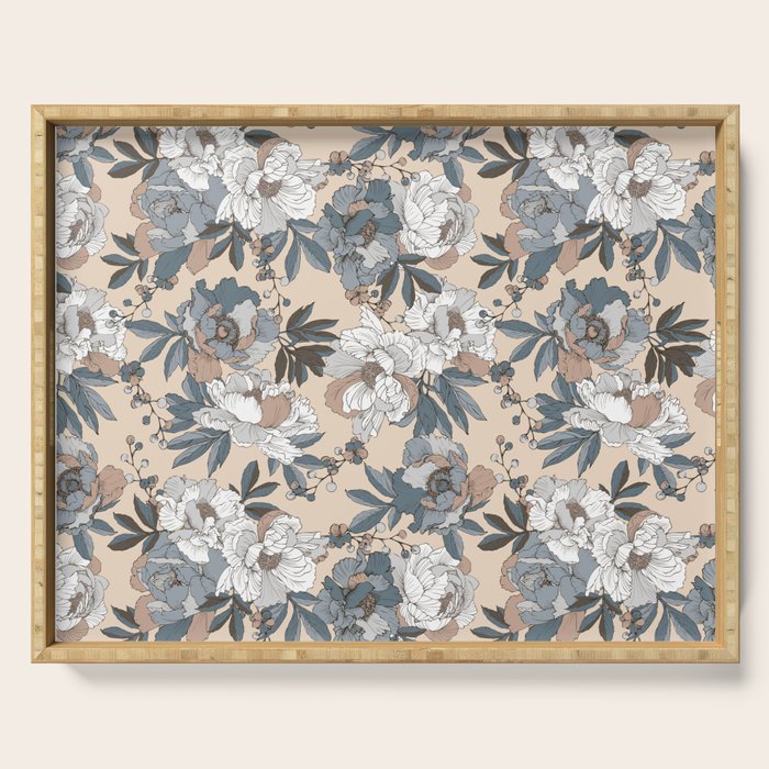 pattern lush blue, beige and white peonies Serving Tray Gallery Image 1
