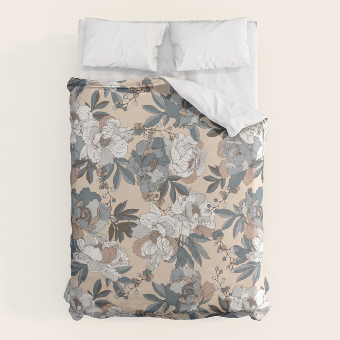 pattern lush blue, beige and white peonies Duvet Cover Gallery Image 6