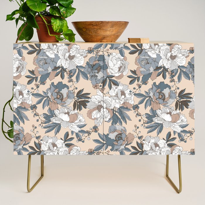 pattern lush blue, beige and white peonies Credenza Gallery Image 1