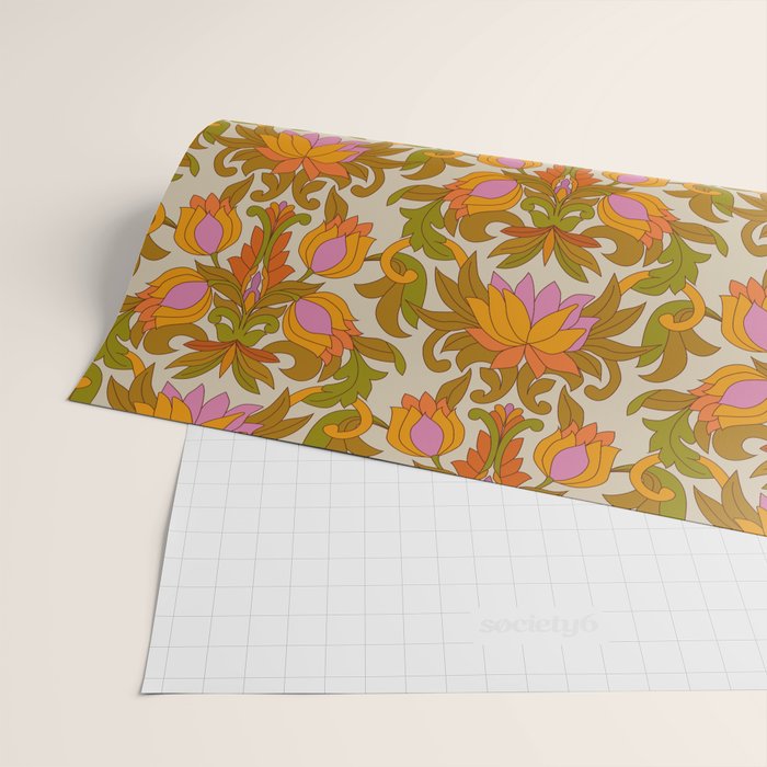 Orange, Pink Flowers and Green Leaves 1960s Retro Vintage Pattern Wrapping Paper Gallery Image 2