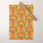 Orange, Pink Flowers and Green Leaves 1960s Retro Vintage Pattern Wrapping Paper Gallery Image 1
