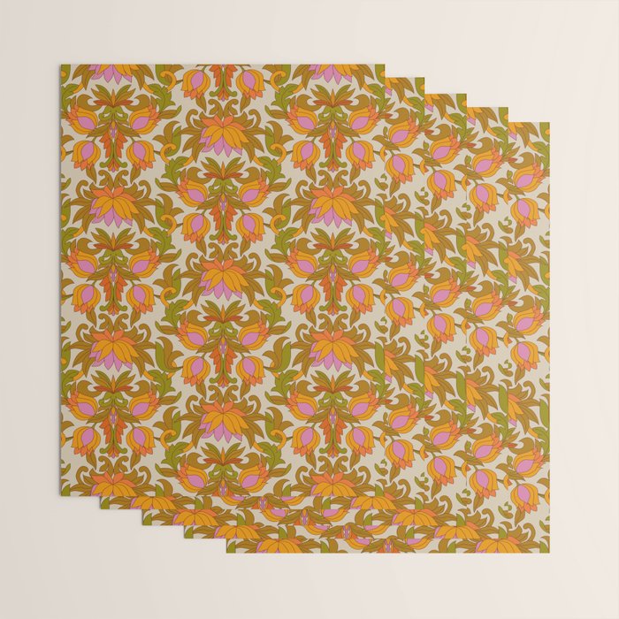 Orange, Pink Flowers and Green Leaves 1960s Retro Vintage Pattern Wrapping Paper Gallery Image 3