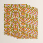 Orange, Pink Flowers and Green Leaves 1960s Retro Vintage Pattern Wrapping Paper Gallery Image 3
