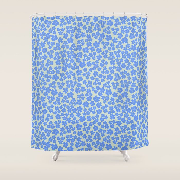Blue flower blossom scatter on soft green Shower Curtain Gallery Image 1