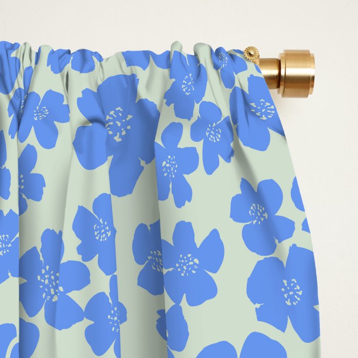 Blue flower blossom scatter on soft green Window Curtain Gallery Image 2
