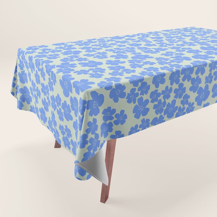 Blue flower blossom scatter on soft green Tablecloth Gallery Image 1