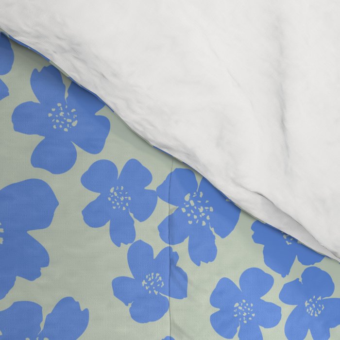 Blue flower blossom scatter on soft green Comforter Gallery Image 4