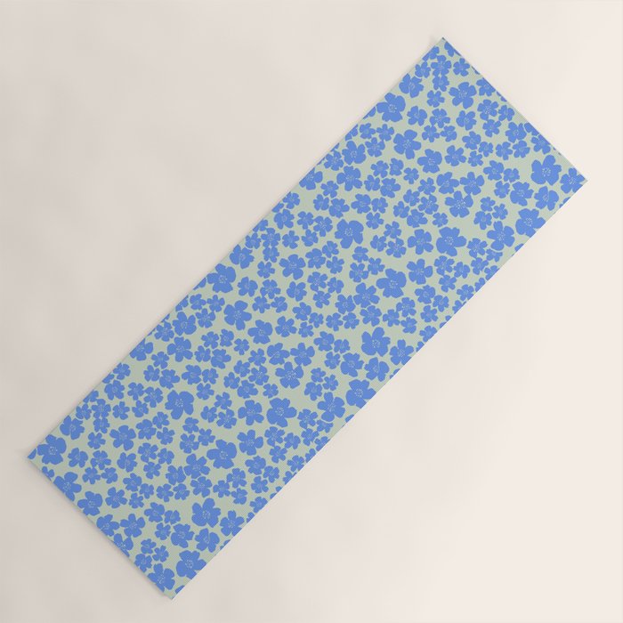 Blue flower blossom scatter on soft green Yoga Mat Gallery Image 1