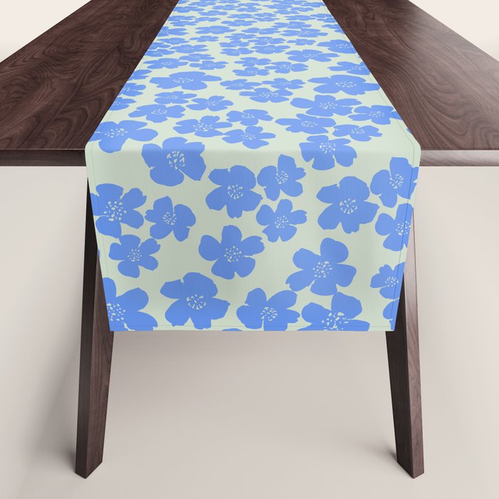 Blue flower blossom scatter on soft green Table Runner Gallery Image 1