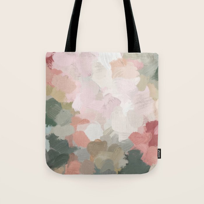 Time to Bloom - Forest Green Fuchsia Blush Pink Abstract Flower Spring Painting Art Tote Bag Gallery Image 1