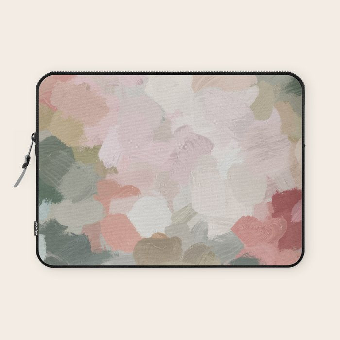 Time to Bloom - Forest Green Fuchsia Blush Pink Abstract Flower Spring Painting Art Laptop Sleeve Gallery Image 1