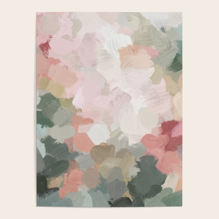 Time to Bloom - Forest Green Fuchsia Blush Pink Abstract Flower Spring Painting Art Poster Gallery Image 1