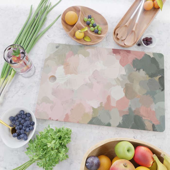 Time to Bloom - Forest Green Fuchsia Blush Pink Abstract Flower Spring Painting Art Cutting Board Gallery Image 2
