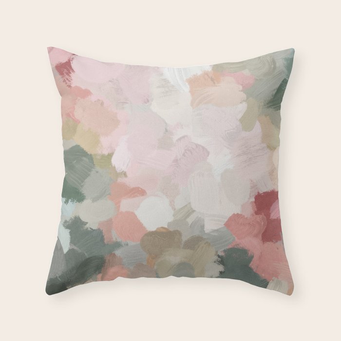 Time to Bloom - Forest Green Fuchsia Blush Pink Abstract Flower Spring Painting Art Throw Pillow Gallery Image 6