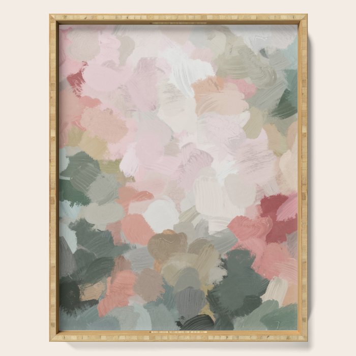 Time to Bloom - Forest Green Fuchsia Blush Pink Abstract Flower Spring Painting Art Serving Tray Gallery Image 1
