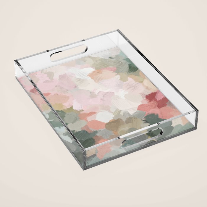 Time to Bloom - Forest Green Fuchsia Blush Pink Abstract Flower Spring Painting Art Acrylic Tray Gallery Image 1