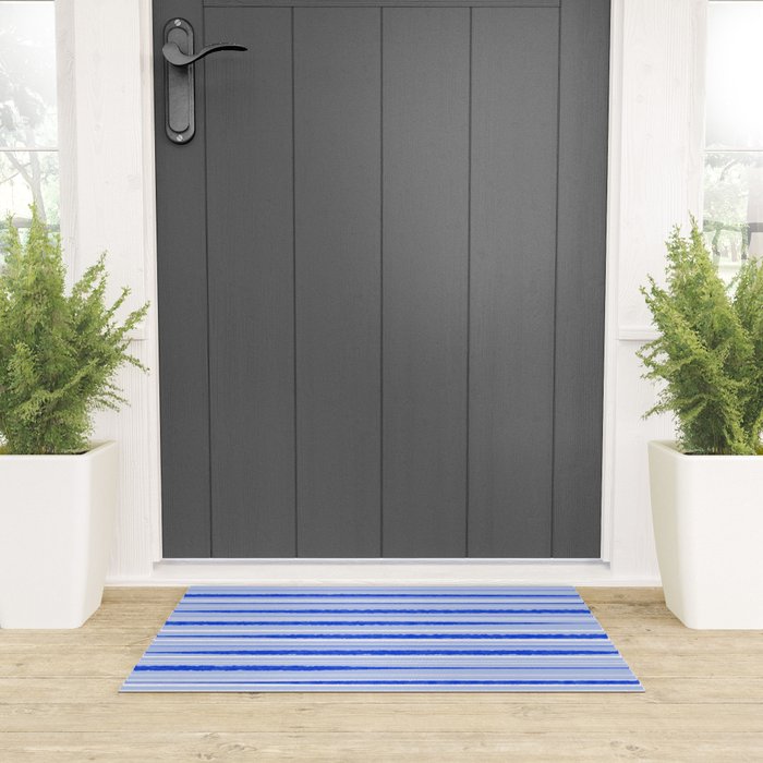 Watercolor Striped Pattern Royal Blue Light Blue White Welcome Mat Gallery Image 3