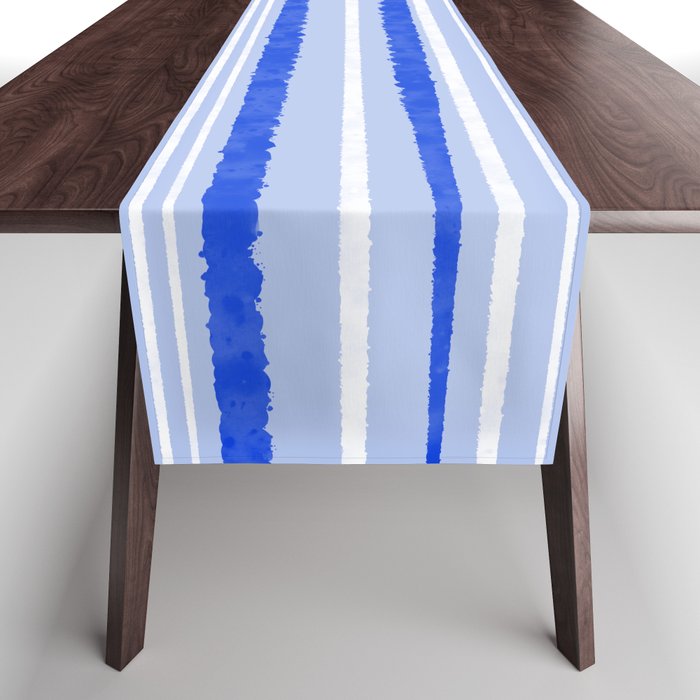 Watercolor Striped Pattern Royal Blue Light Blue White Table Runner Gallery Image 1