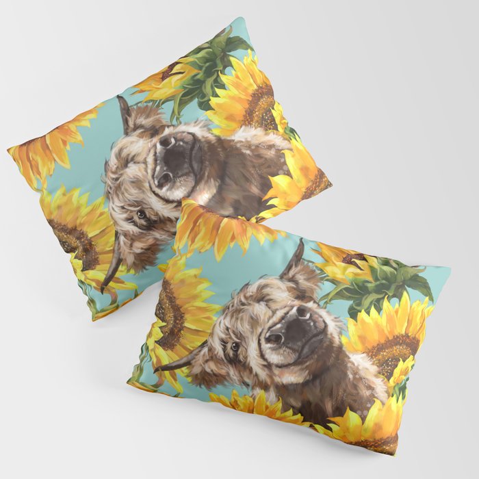 Highland Cow with Sunflowers in Blue Pillow Sham Gallery Image 3