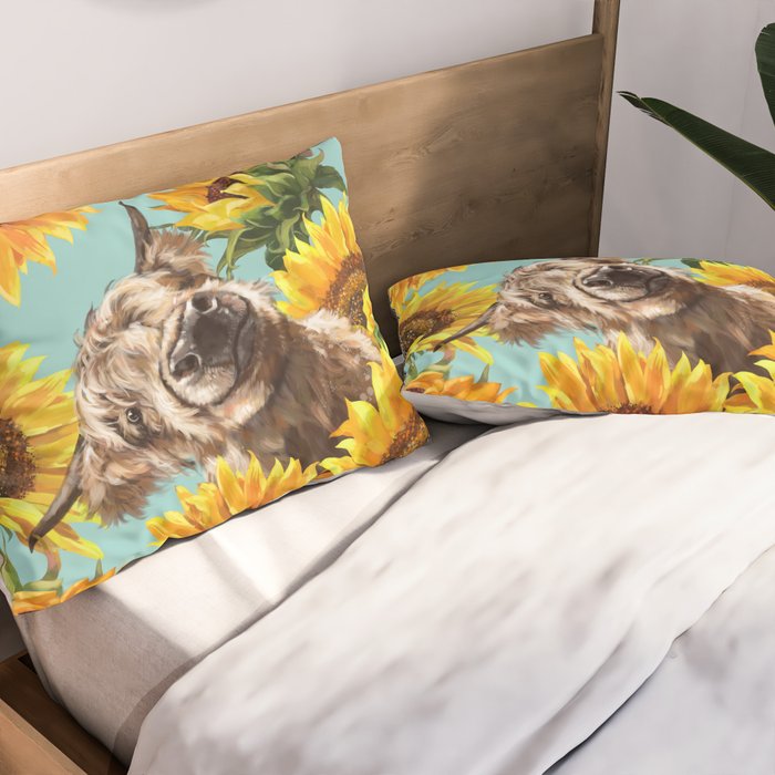 Highland Cow with Sunflowers in Blue Pillow Sham Gallery Image 2