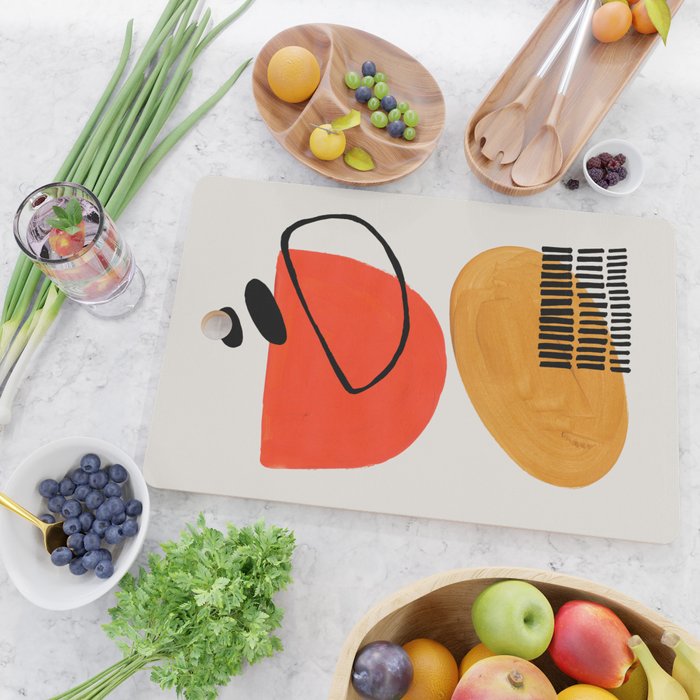 Orbital Fusion Yellow Orange Retro Mid Century Funky Fun Shapes Pattern by Ejaaz Haniff Cutting Board Gallery Image 2