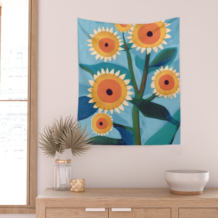 Sunflower Study in Sunny Yellow and Burnt Orange Wall Tapestry Gallery Image 2